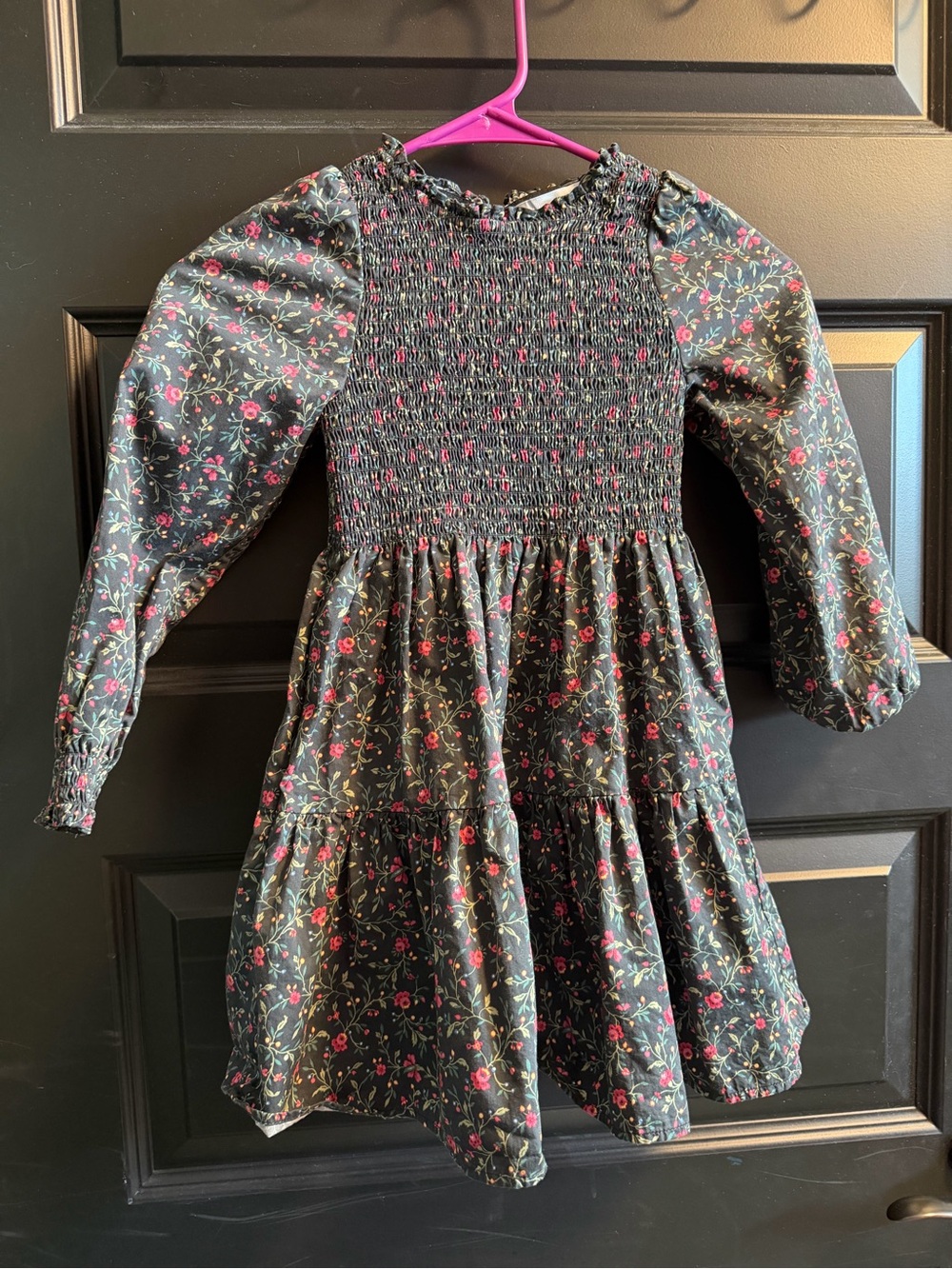 HILL HOUSE Girls' Black Floral Smocked Long Sleeve Casual Dress Euc 6 / 7